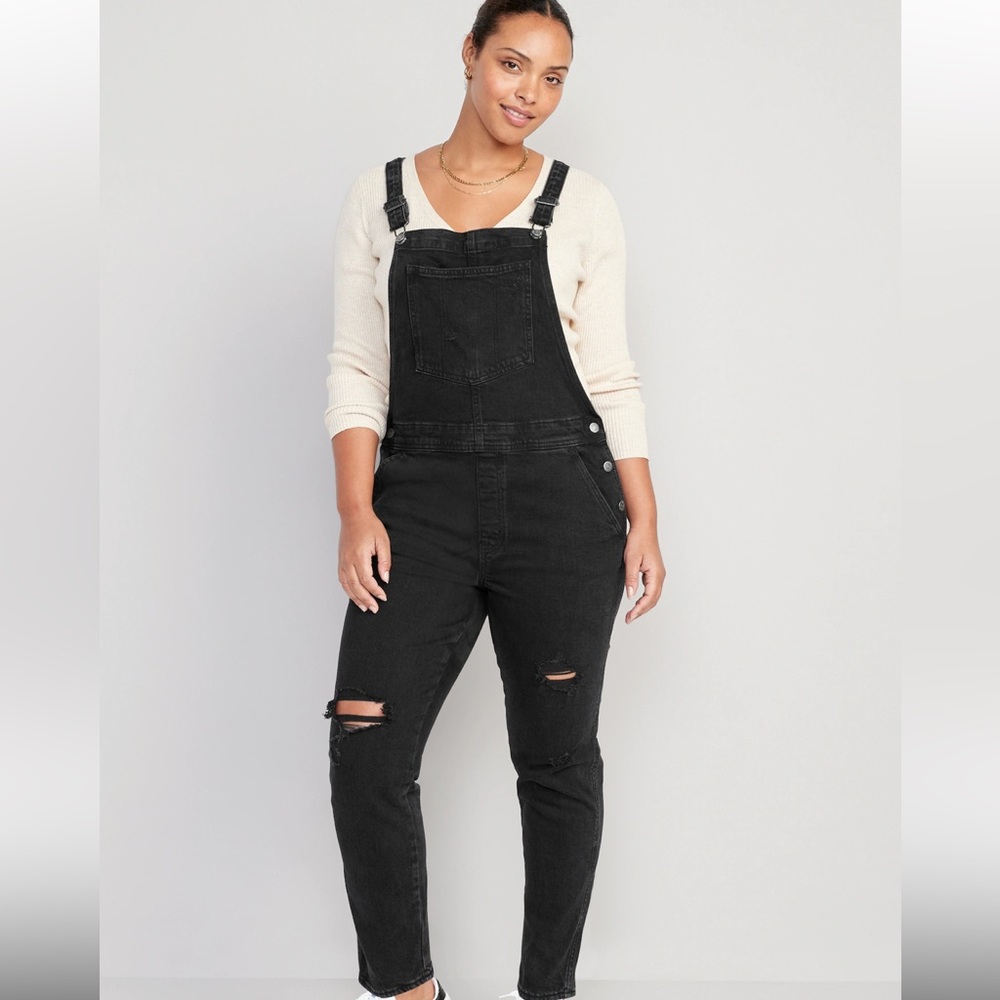 OG Straight Black Wash Ripped Jean Overalls Old Navy Plus